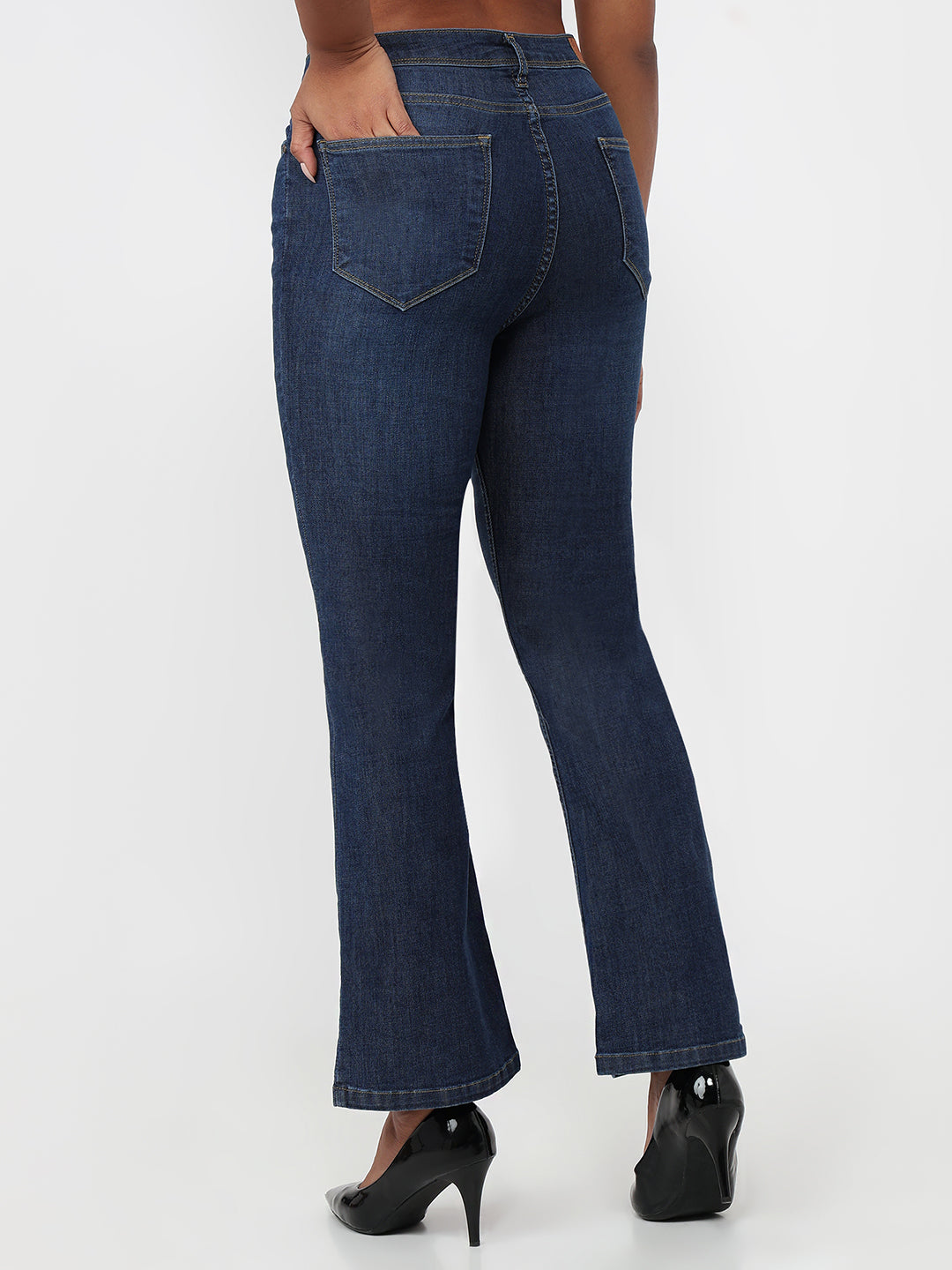 Women Dark Blue High-Rise Mini Flare Jeans