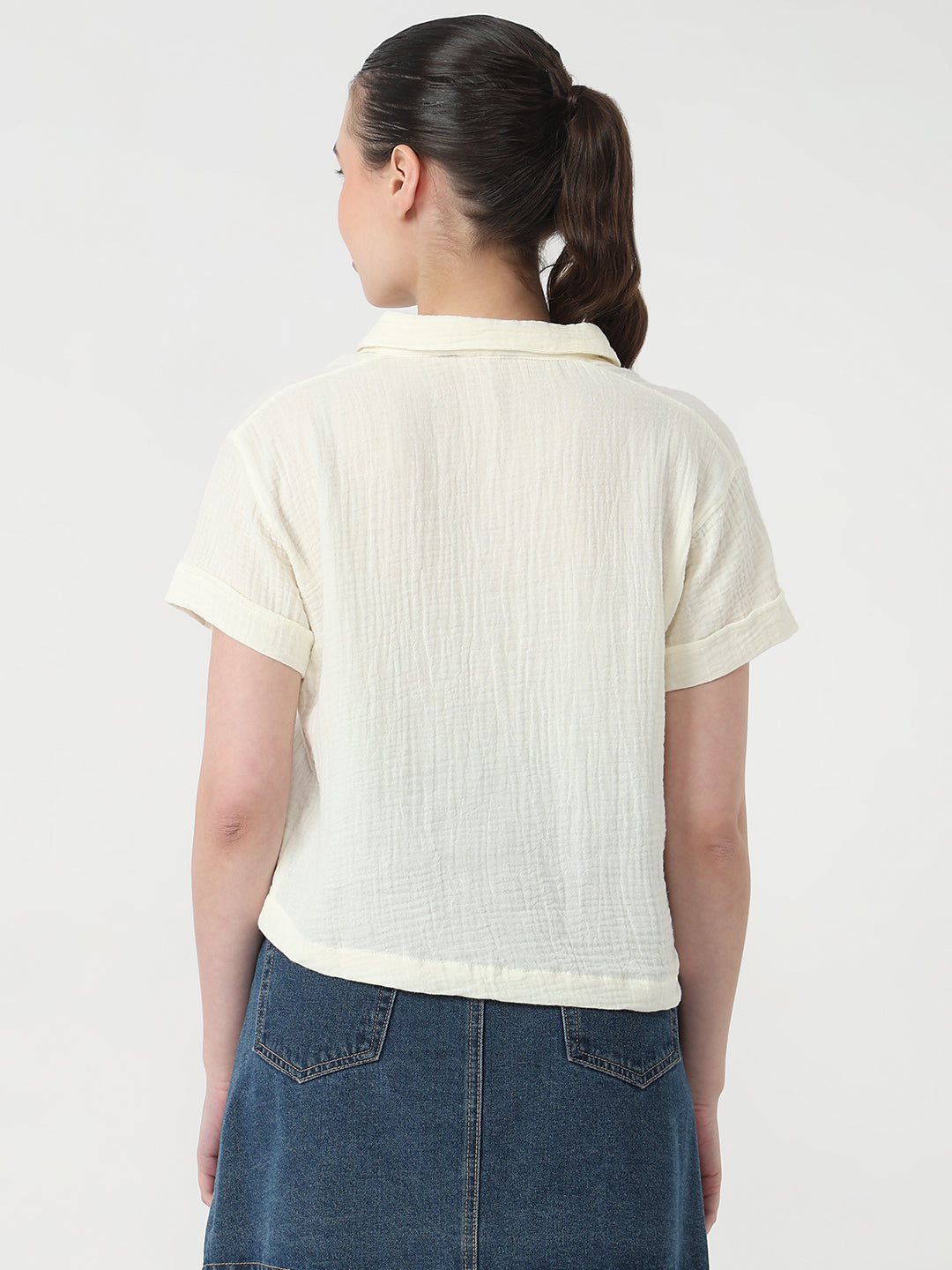 Women Ivory Slim Fit Crop Shirt