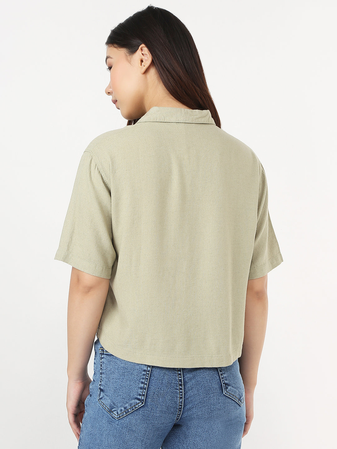 Women Light Olive Crop Shirt