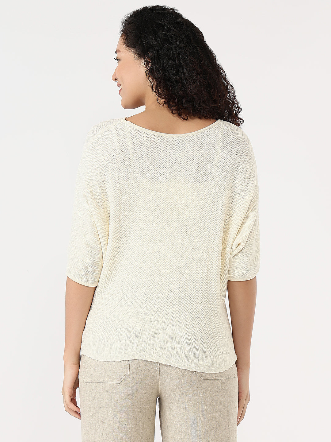 Women Ecru Slim Batsleeve Top