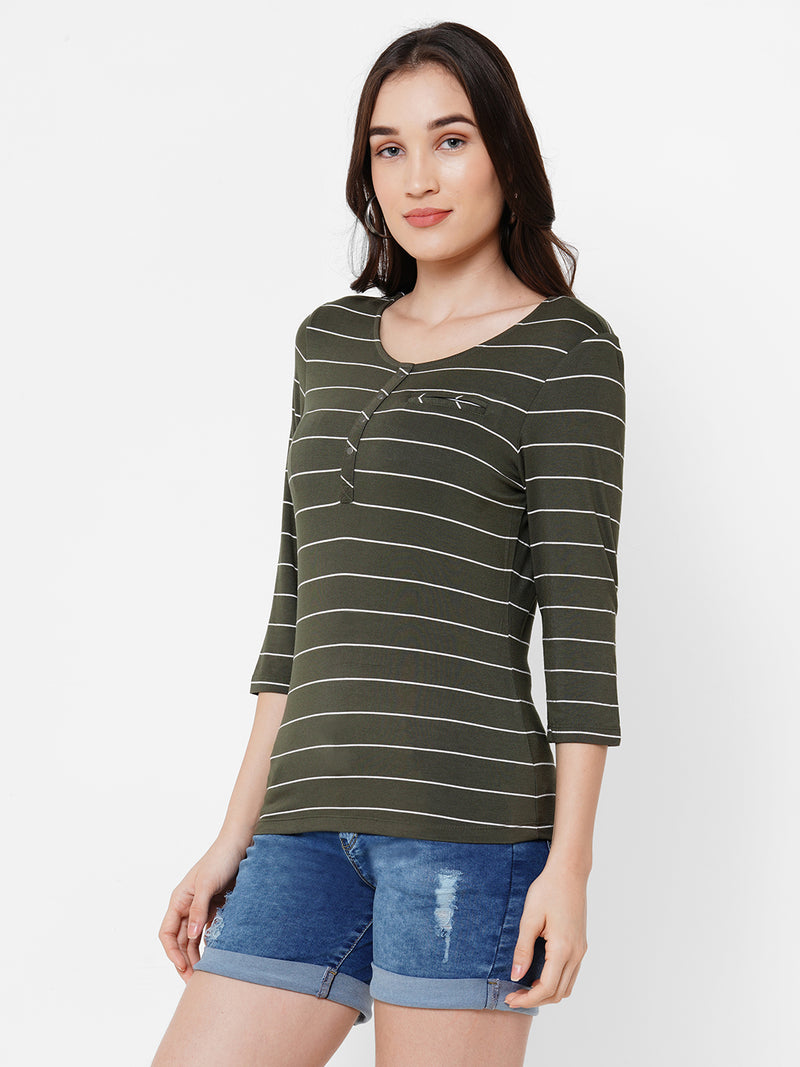 Women Olive Striped Three-Quarter Sleeves T-Shirts