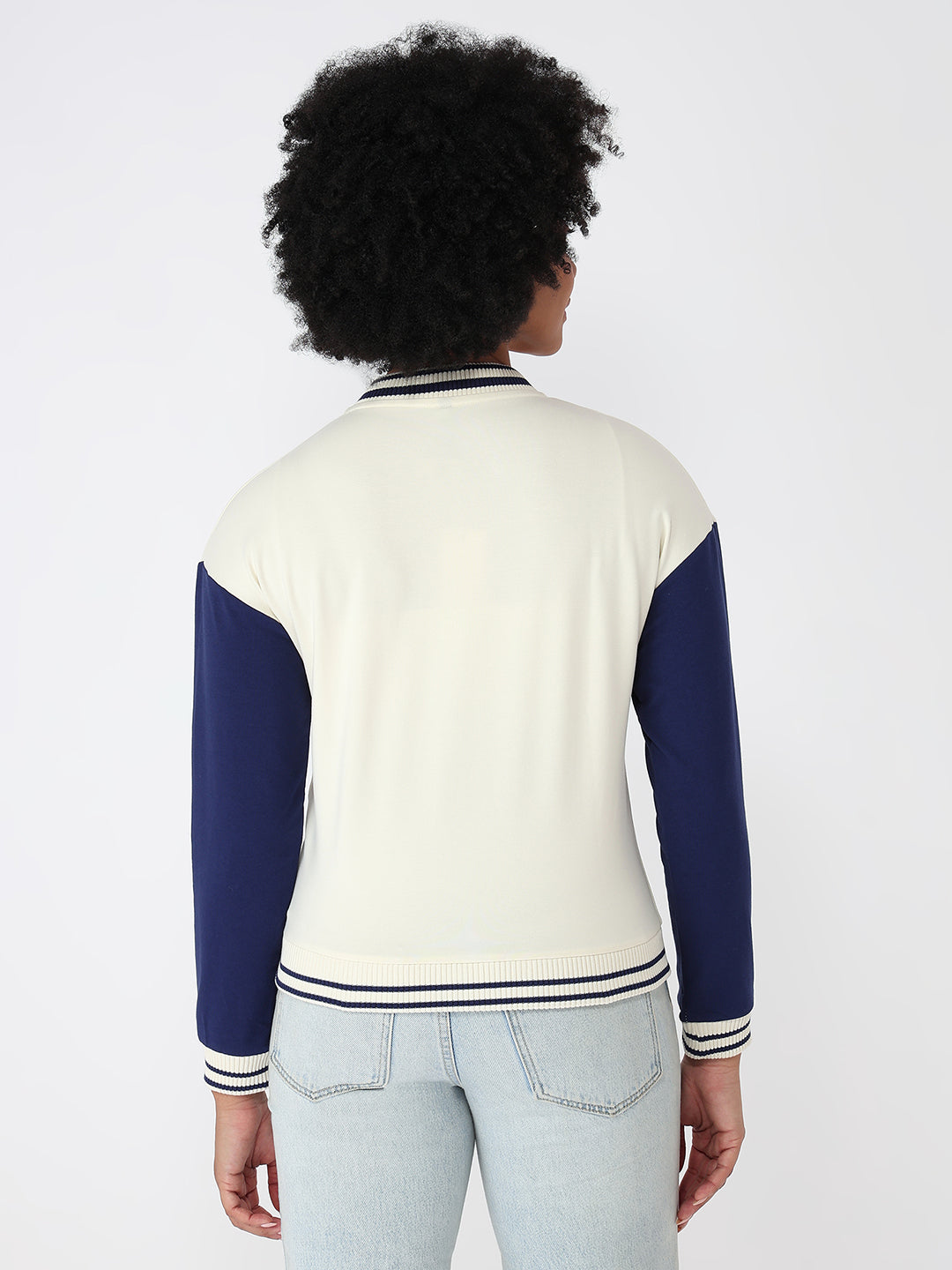 Women Ivory/Blue Slim Fit Varsity Jacket