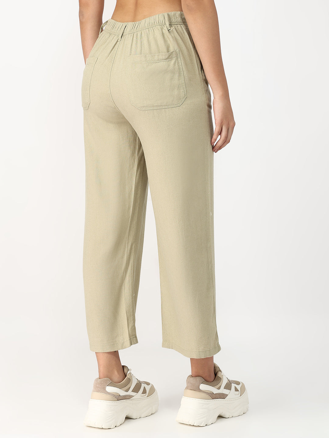 Women Light Olive Crop Wide Leg Trousers