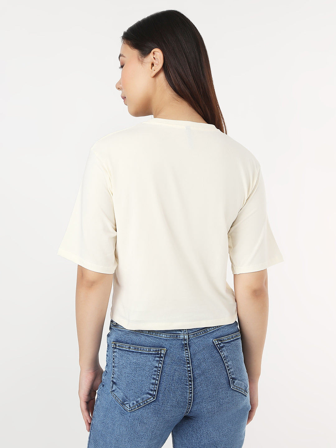 Women Ivory Slim Crop Graphic T-Shirt