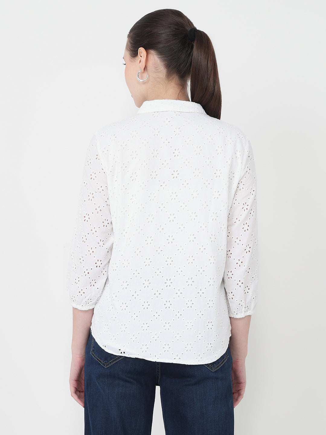 Women White Slim Fit Schiffli Shirt