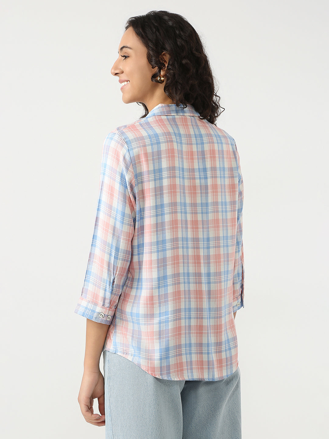 Women Peach/Blue Checks Shirt