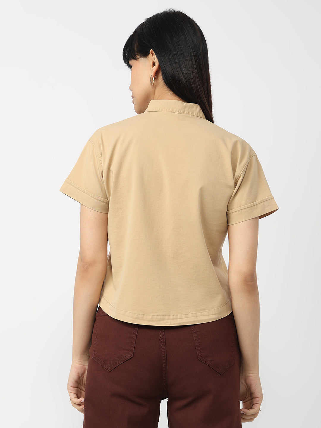 Women Camel Slim Fit Crop Shirt