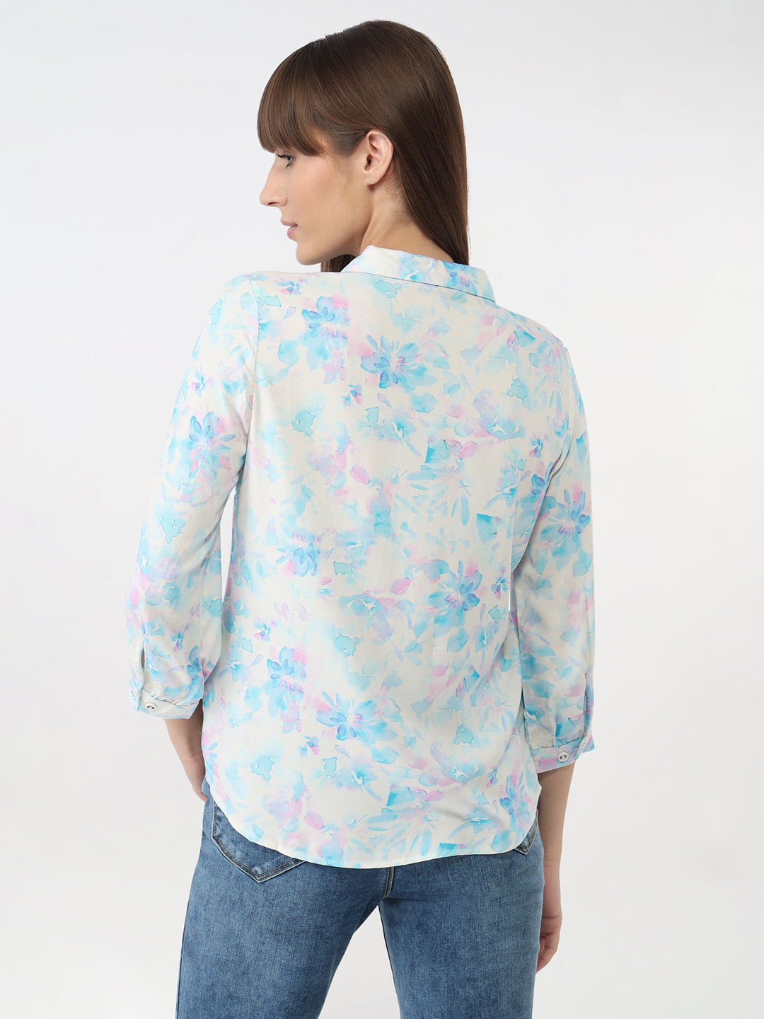 Women Blue Floral Slim Shirt