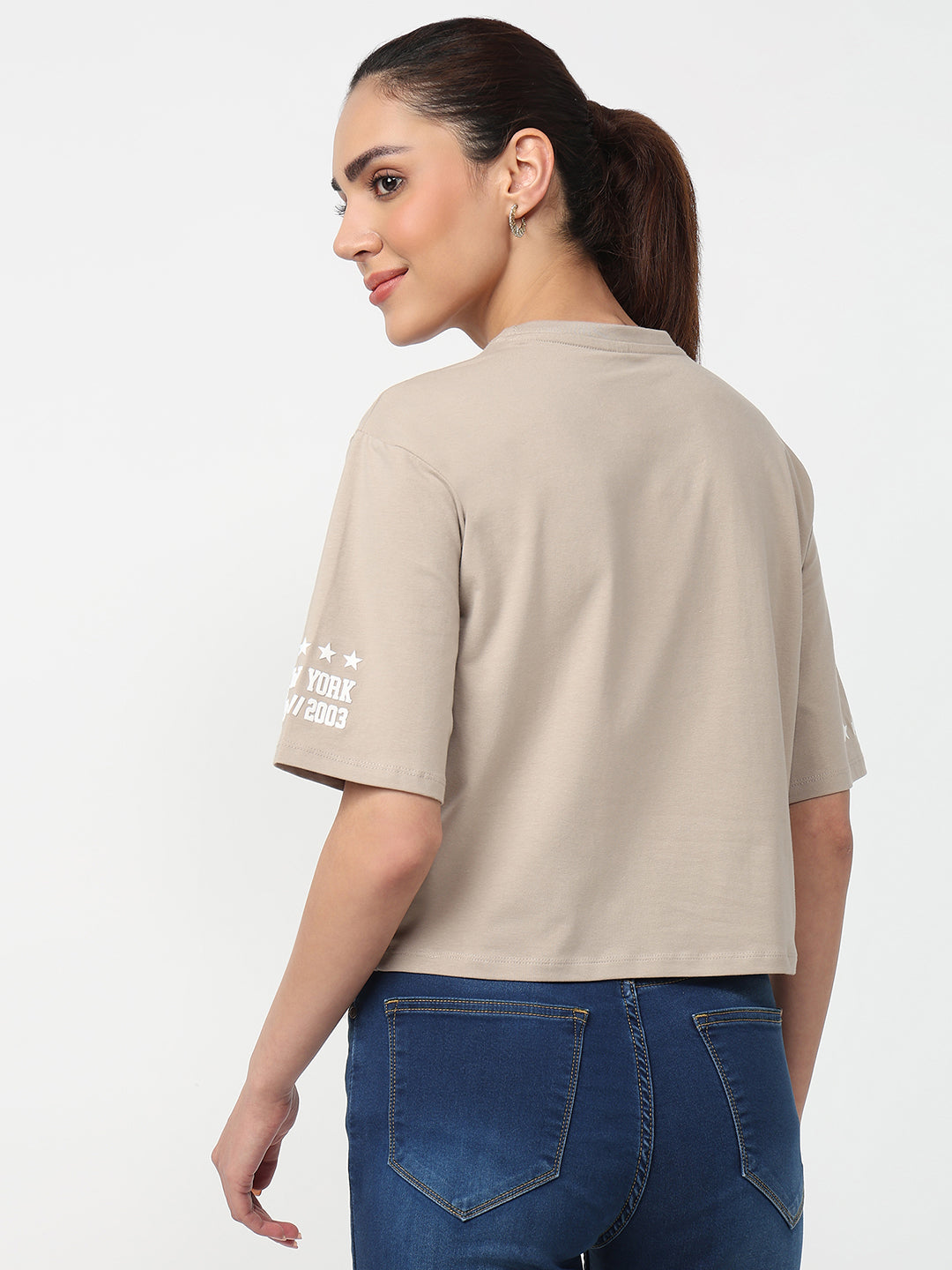 Women Light Oyester Graphic Crop Tees