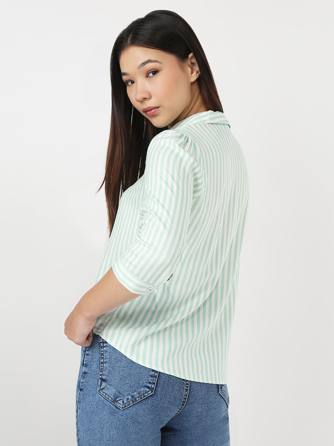 Women Mint & White Slim Stripe Shirt