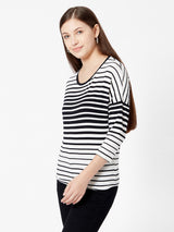 Women Black & White Striped Three-Quarter Sleeves T-Shirts