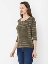 Women Olive Striped Three-Quarter Sleeves T-Shirts