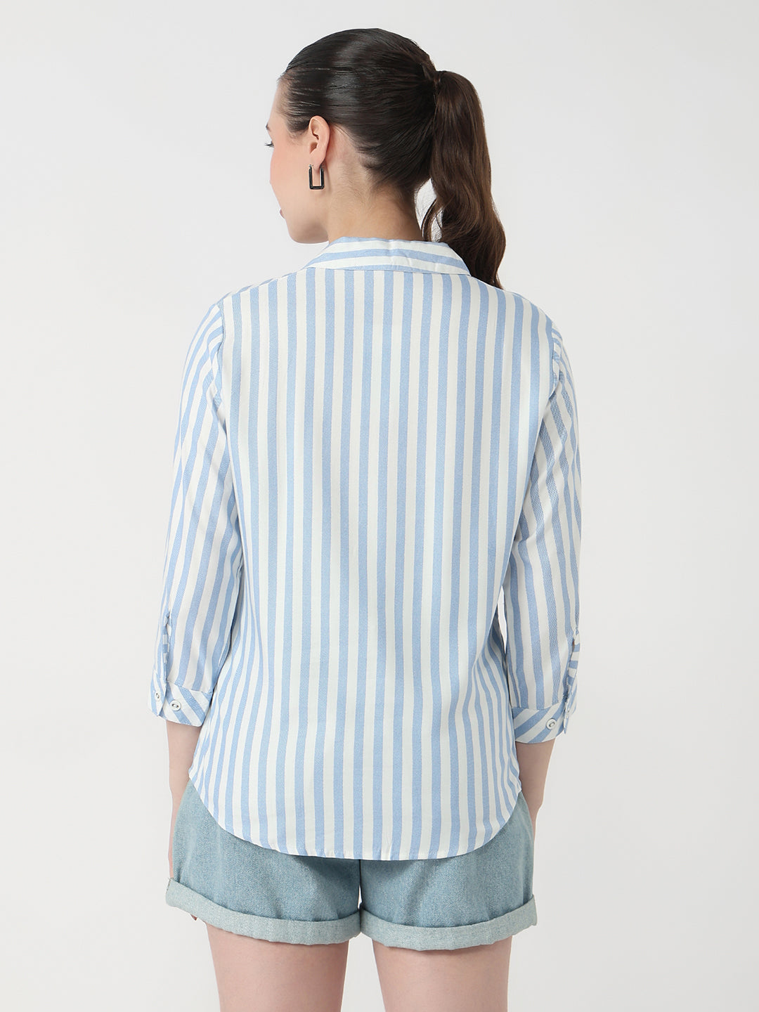 Women Sky/White Slim Fit Shirt