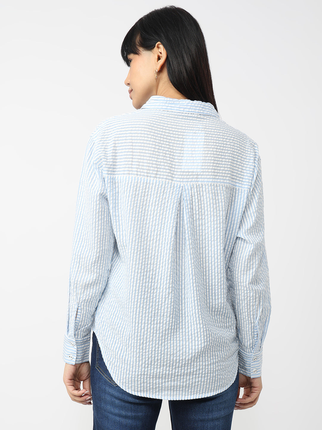 Women Sky/White Slim Fit Oversized Shirt