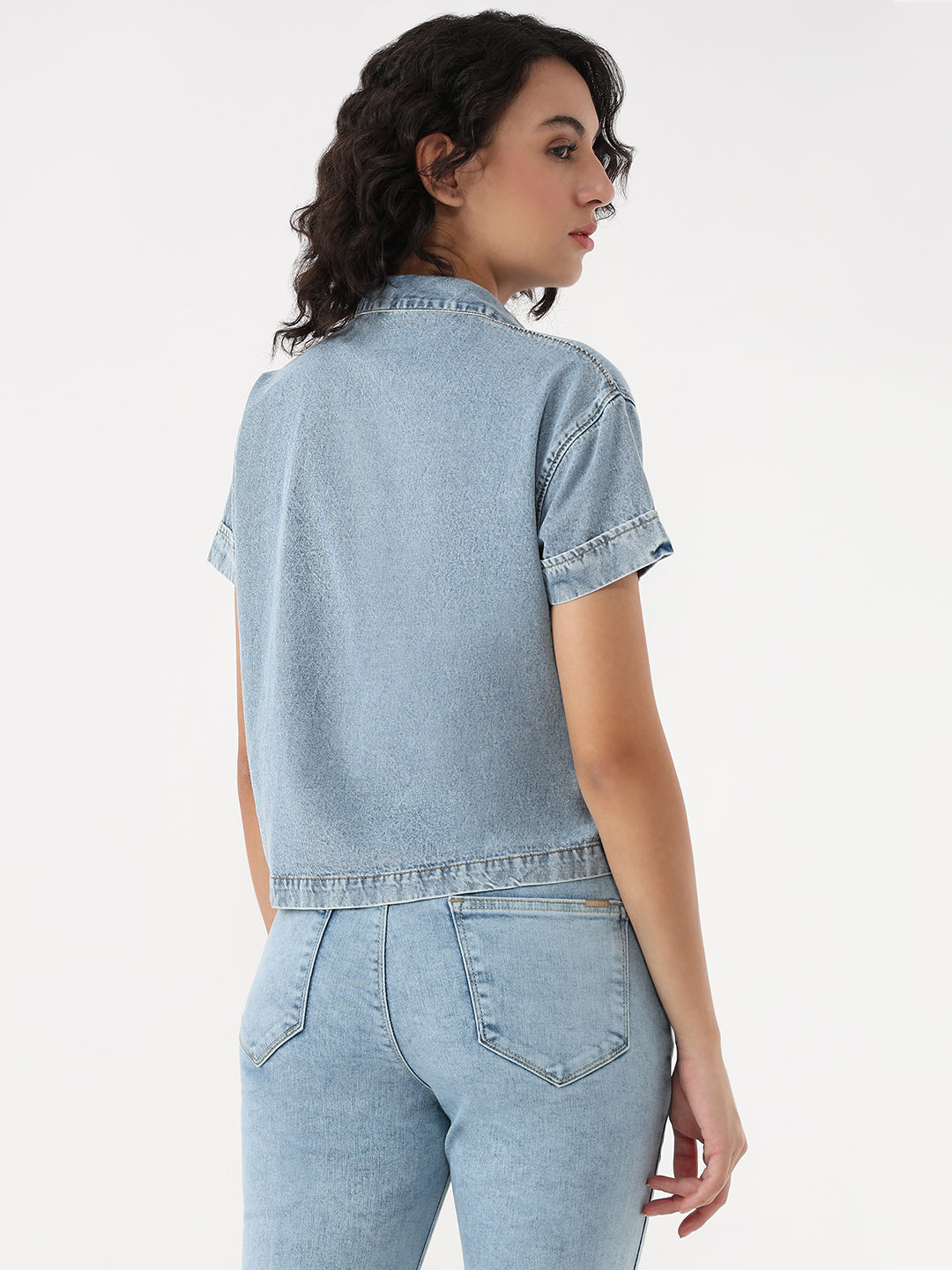 Women Blue Crop Denim Shirt