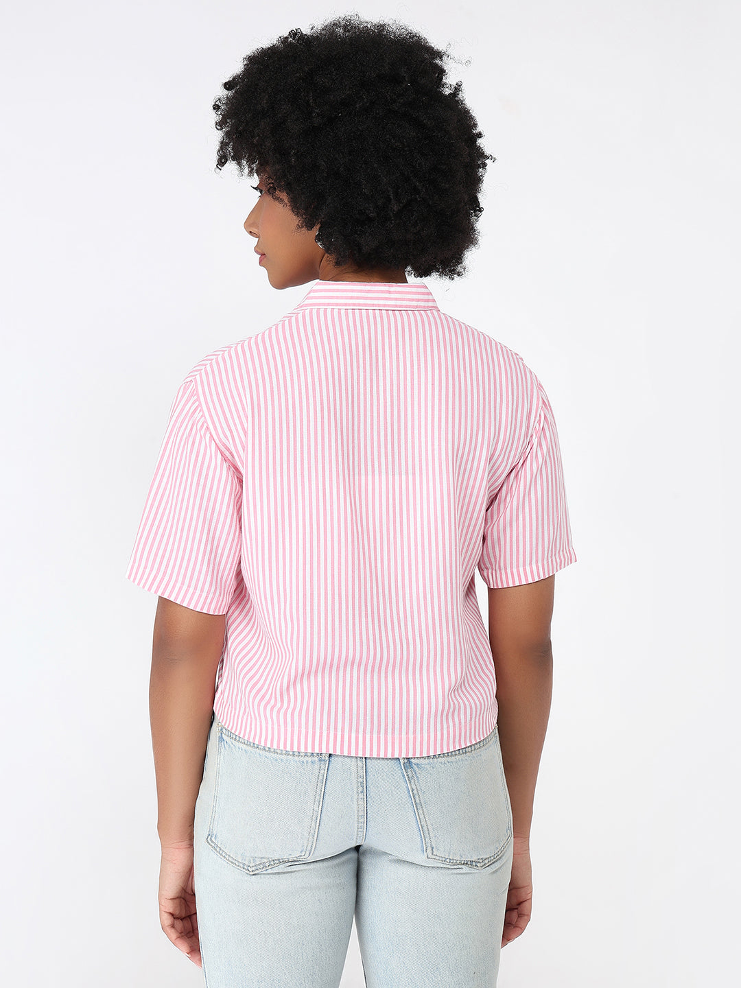 Women Pink/White Crop Slim Shirt