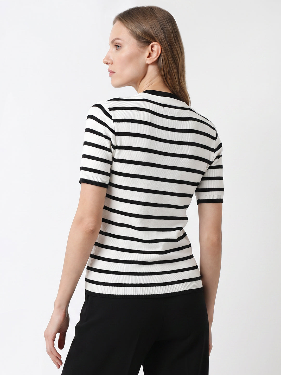 Women Black/White Stripe Flat Knit