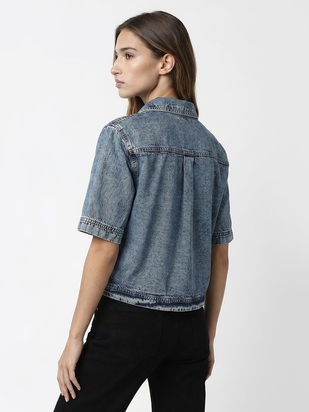 Women Light Blue Crop Denim Shirt