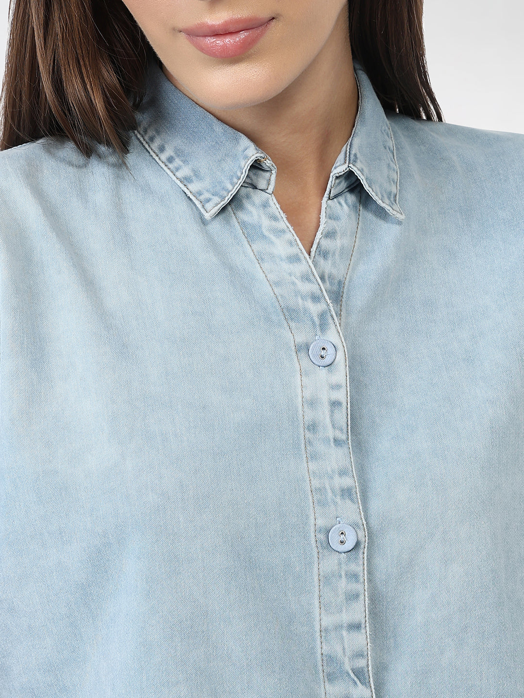Women Light Blue Slim Crop Denim Shirt