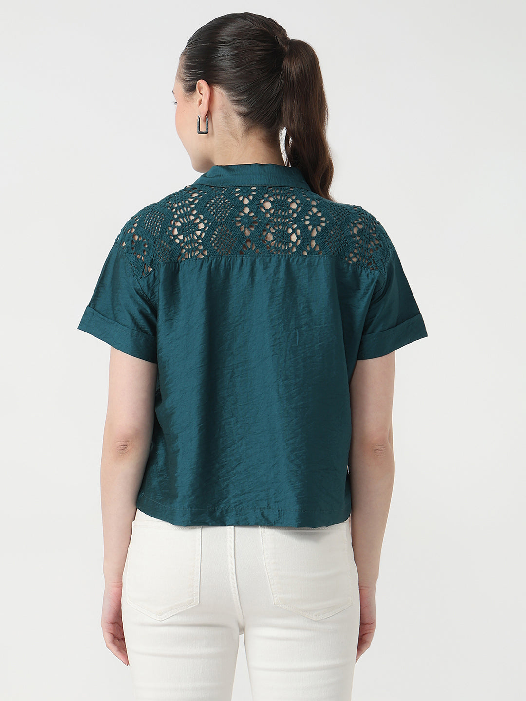 Women Deep Lake Slim Fit Crop Shirt