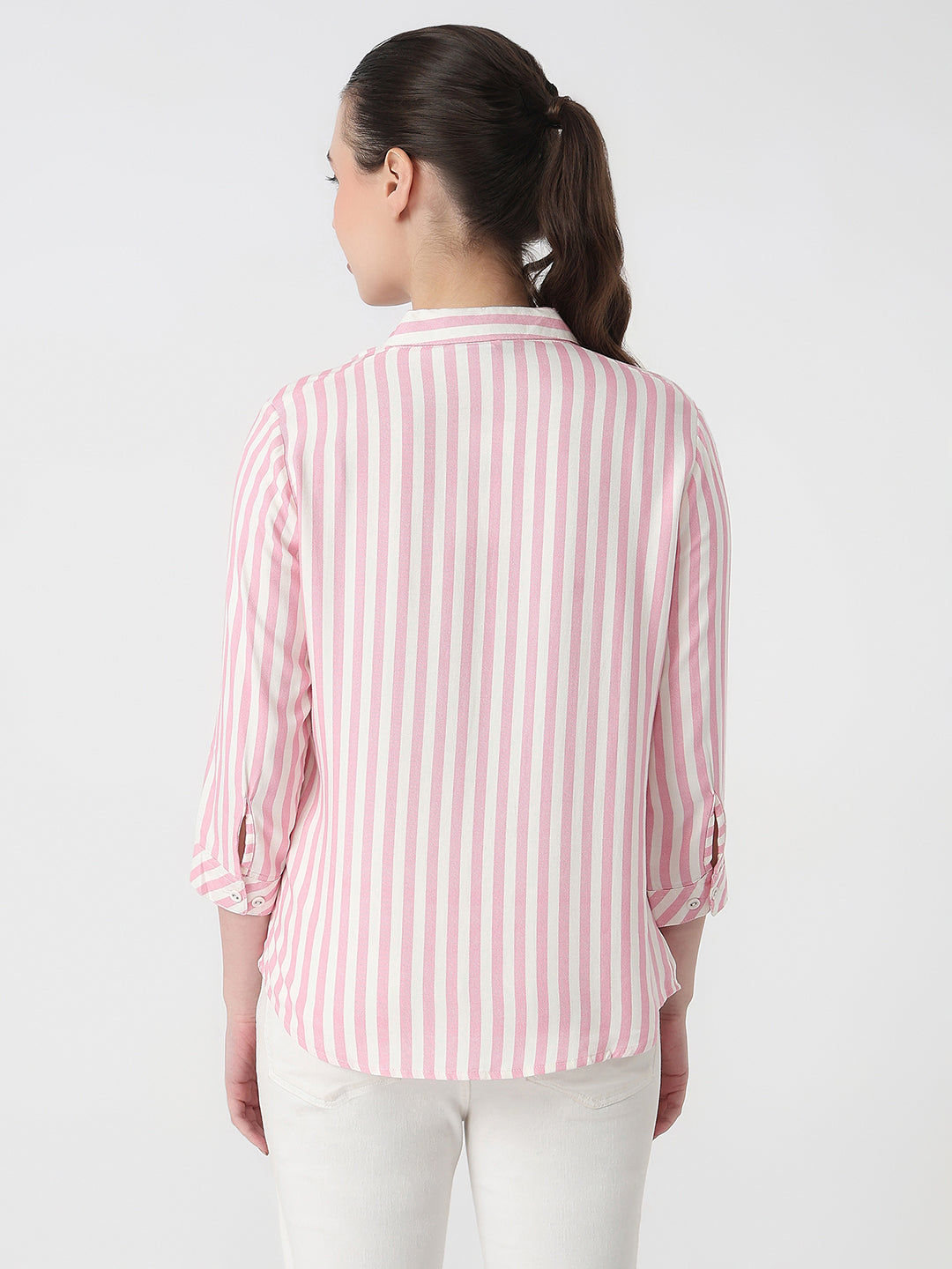 Women Pink/White Slim Fit Shirt