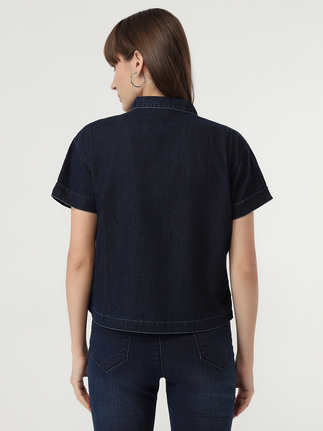 Women Dark Blue Denim Crop Shirt