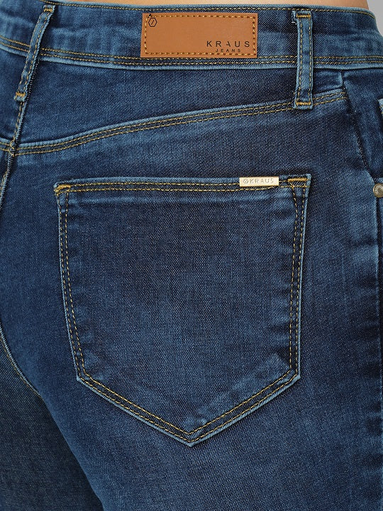 Women Dark Blue High-Rise Mini Flare Jeans