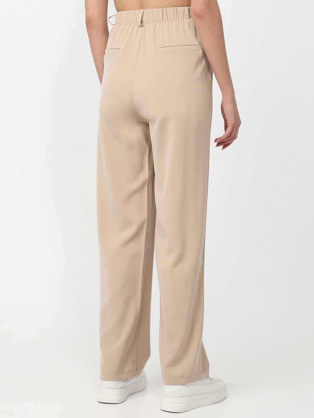 Women Beige High-Rise Straight Fit Pants