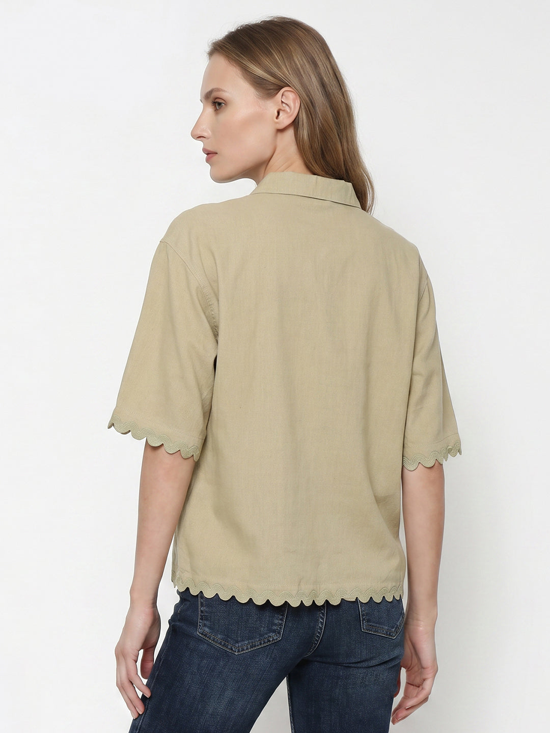 Women Light Olive Crop Shirt