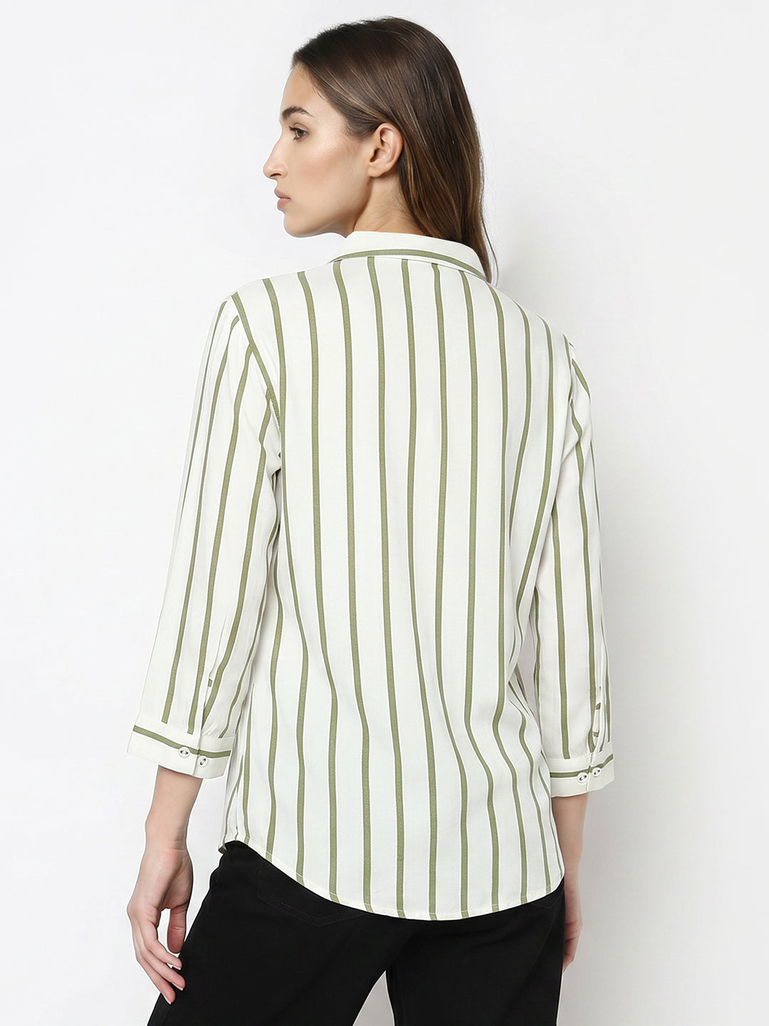 Women White/Olive Striped Shirt