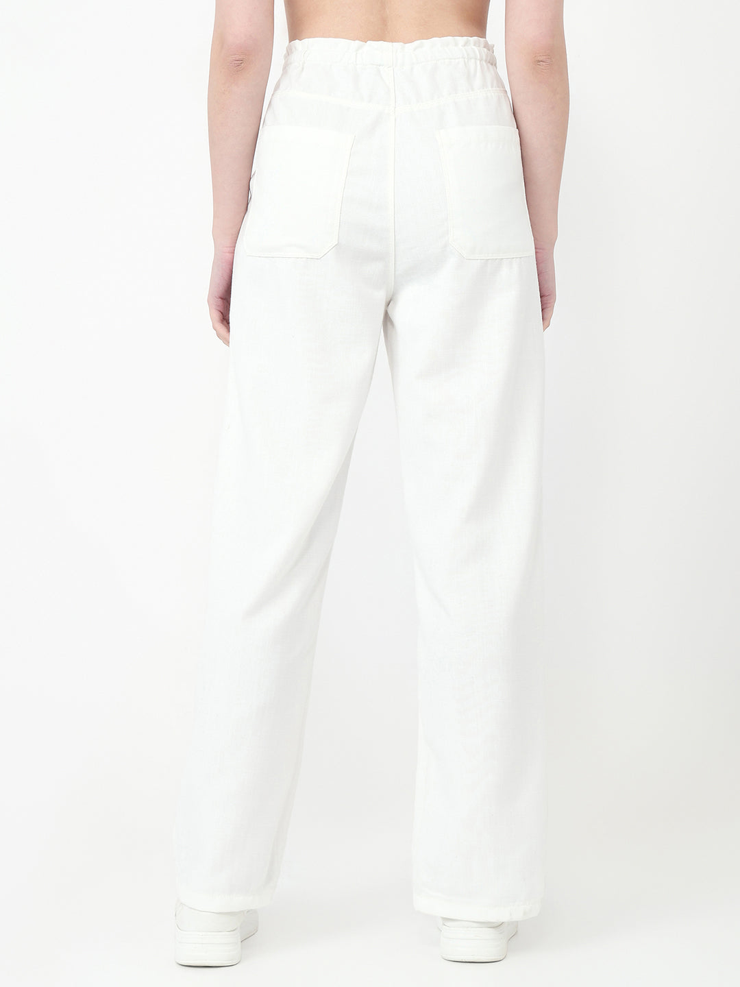 Women Off White Loose Straight Paper Bag Pants