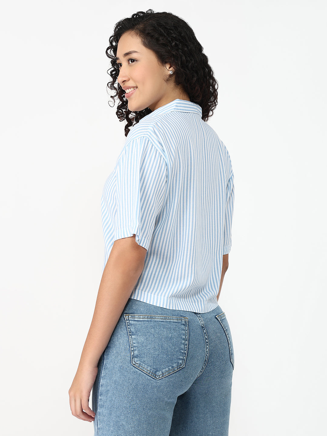 Women Sky/White Crop Slim Shirt