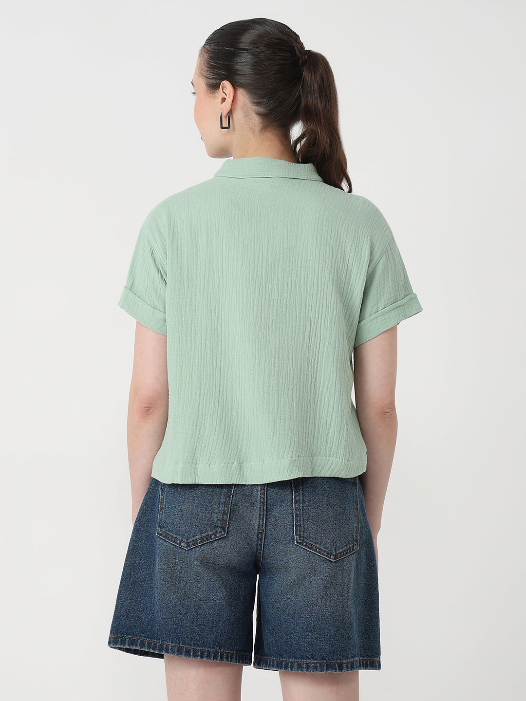 Women Mint Slim Fit Crop Shirt