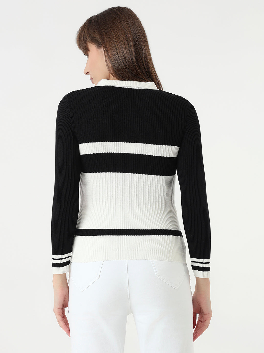 Women Black/White Slim Fit Flat Knit