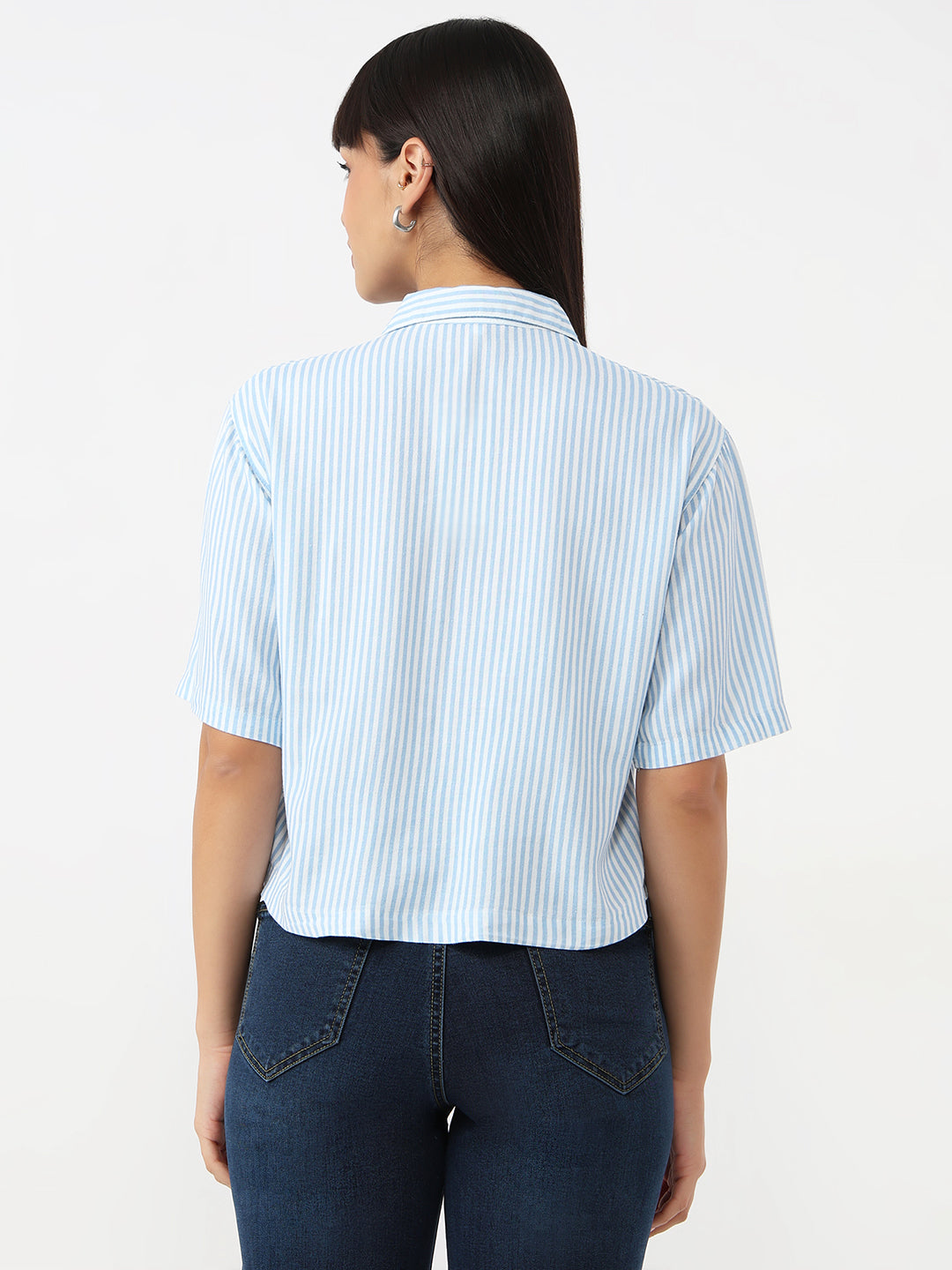 Women Sky/White Crop Stripe Shirt