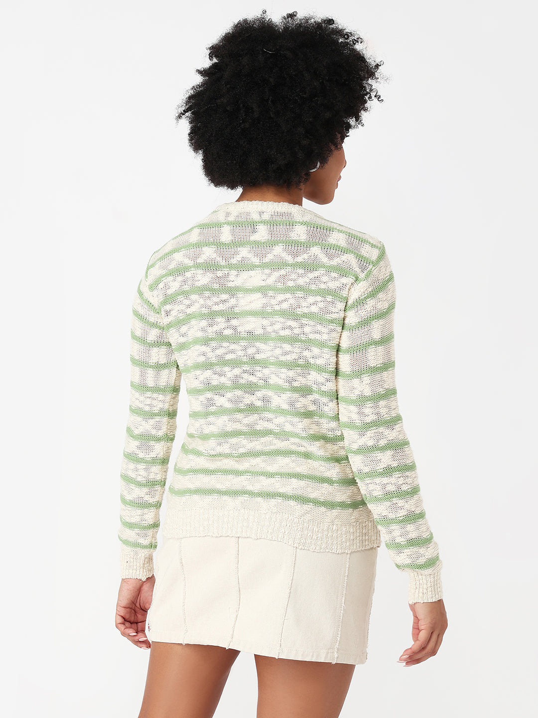 Women Off White/Green Slim Fit Sweater