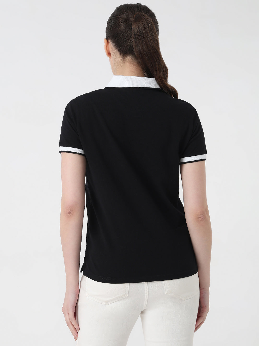Women Black Slim Fit Polo T-Shirt