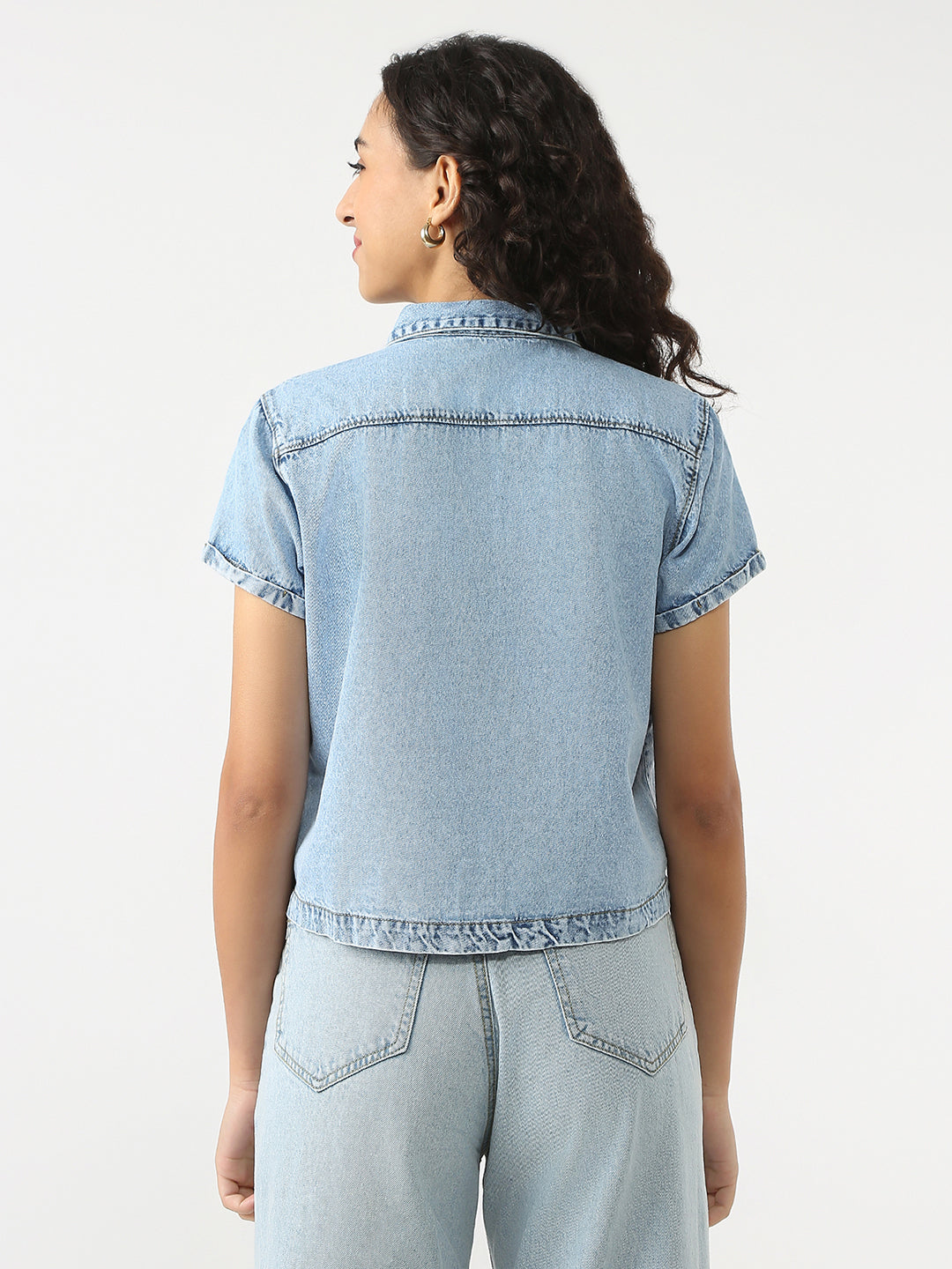 Women Light Blue Crop Denim Shirt