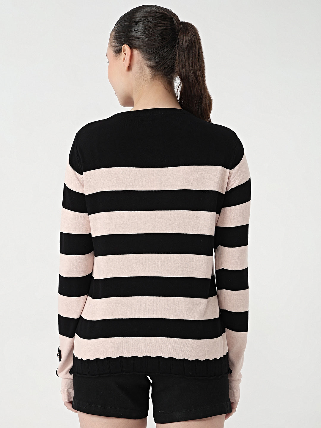 Women Black/Beige Slim Fit Flat Knit