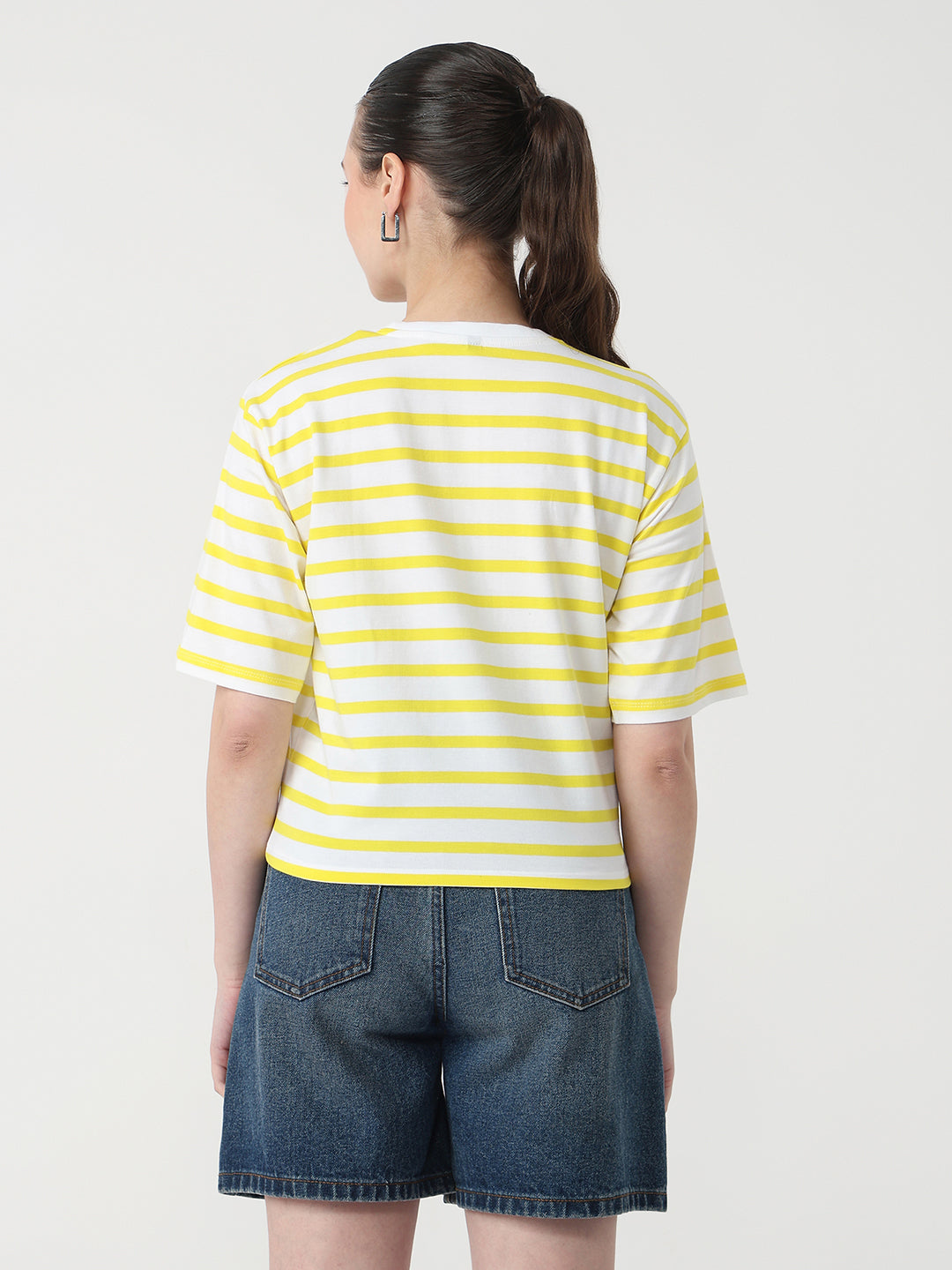 Women Yellow/White Slim Fit Graphic Crop T-Shirt