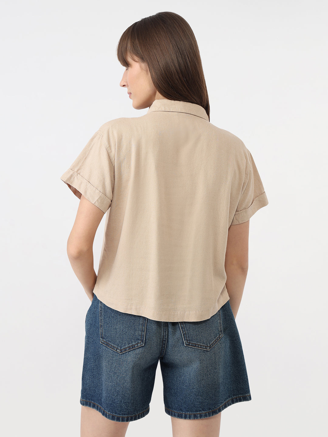 Women Oatmilk Slim Fit Crop Shirt