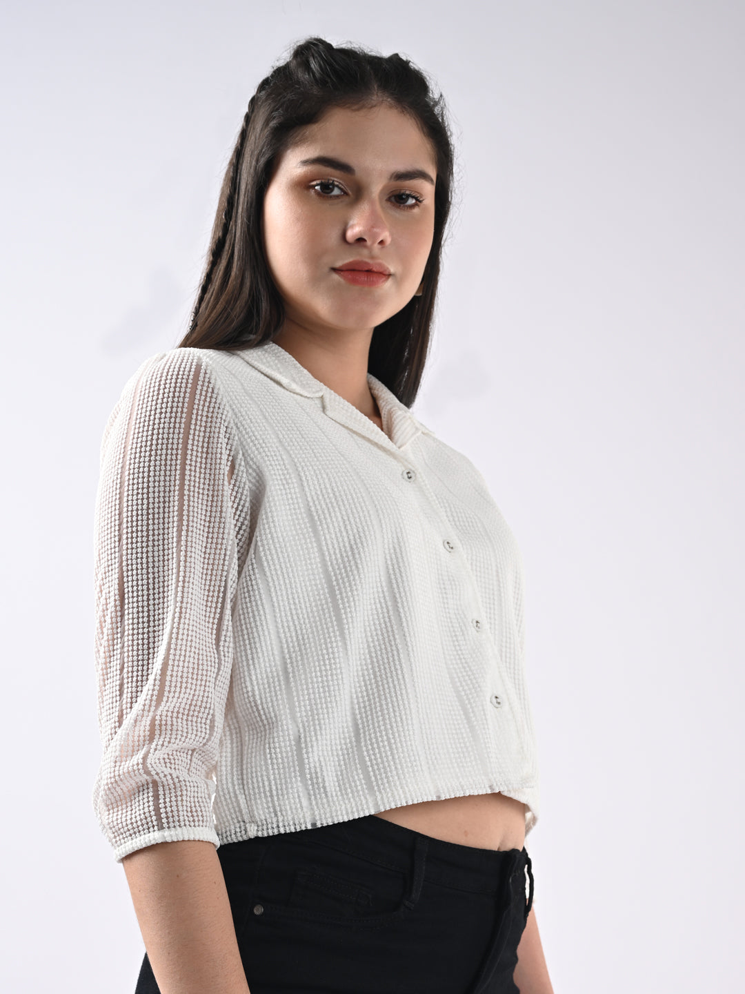 Women Self Design Three-Quarter Sleeves Off White Shirt