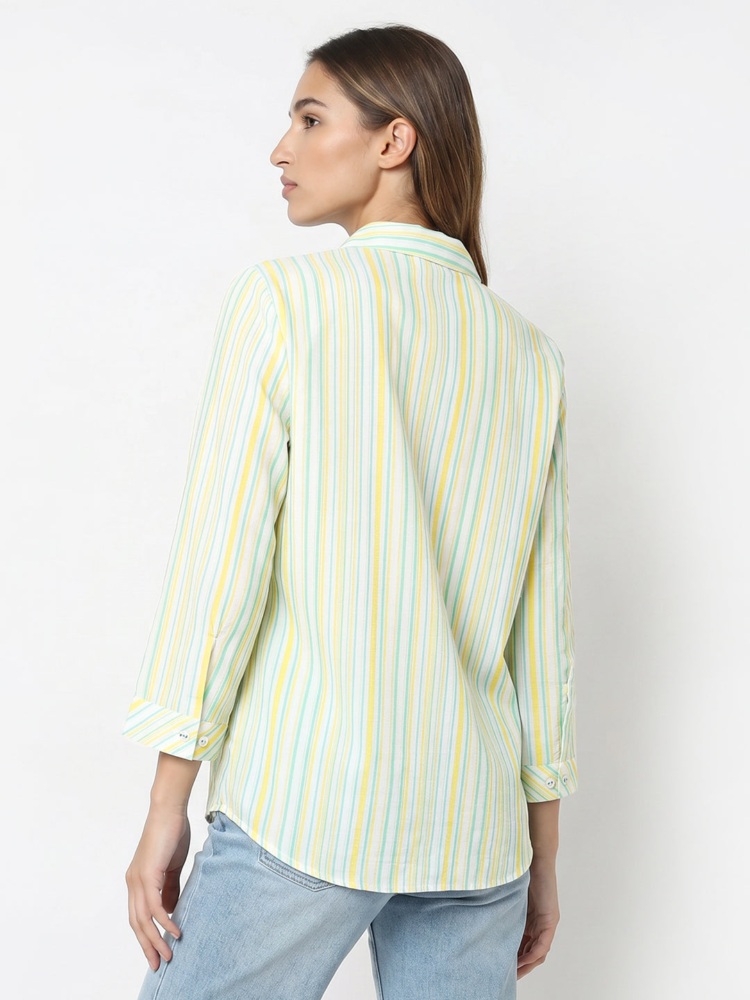 Women Yello Mint Striped Shirt