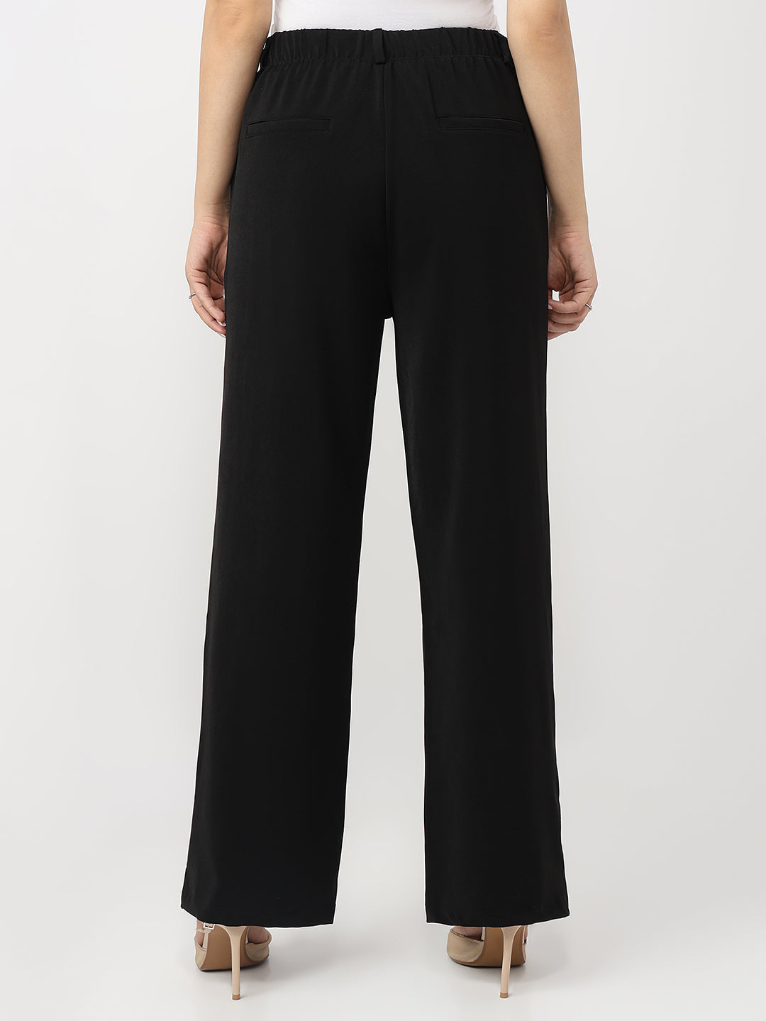Women Black Mid-Rise Wide Leg Korean Pants