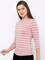 Women Blush Pink Striped Three-Quarter Sleeves T-Shirts