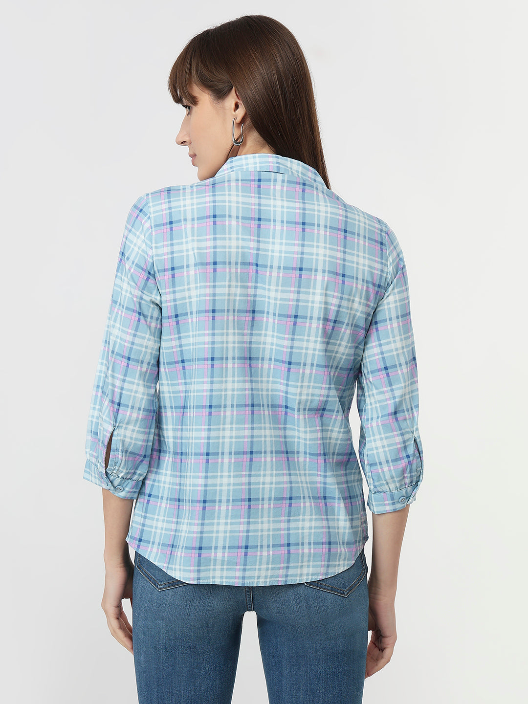Women Powder Blue Checks Slim Fit Shirt