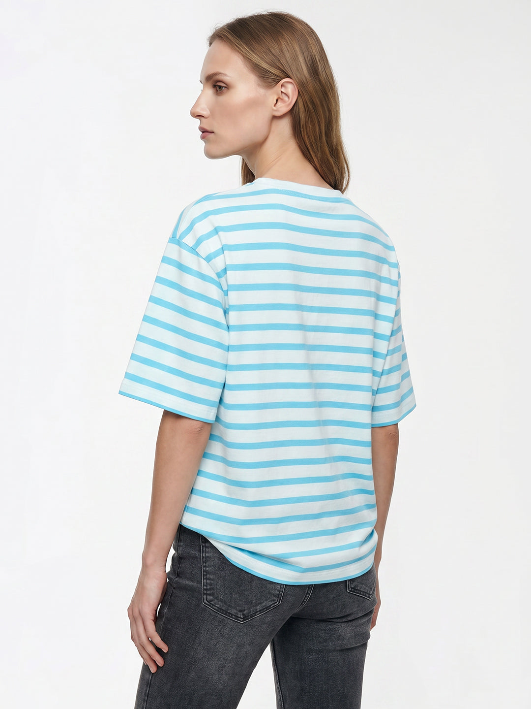 Women Sky/White Stripe Oversized T-Shirt