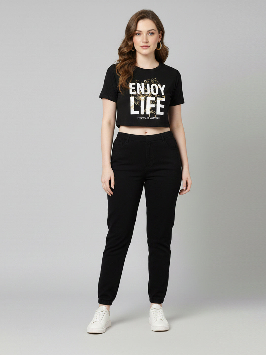 Women Black High-Rise Denim Joggers