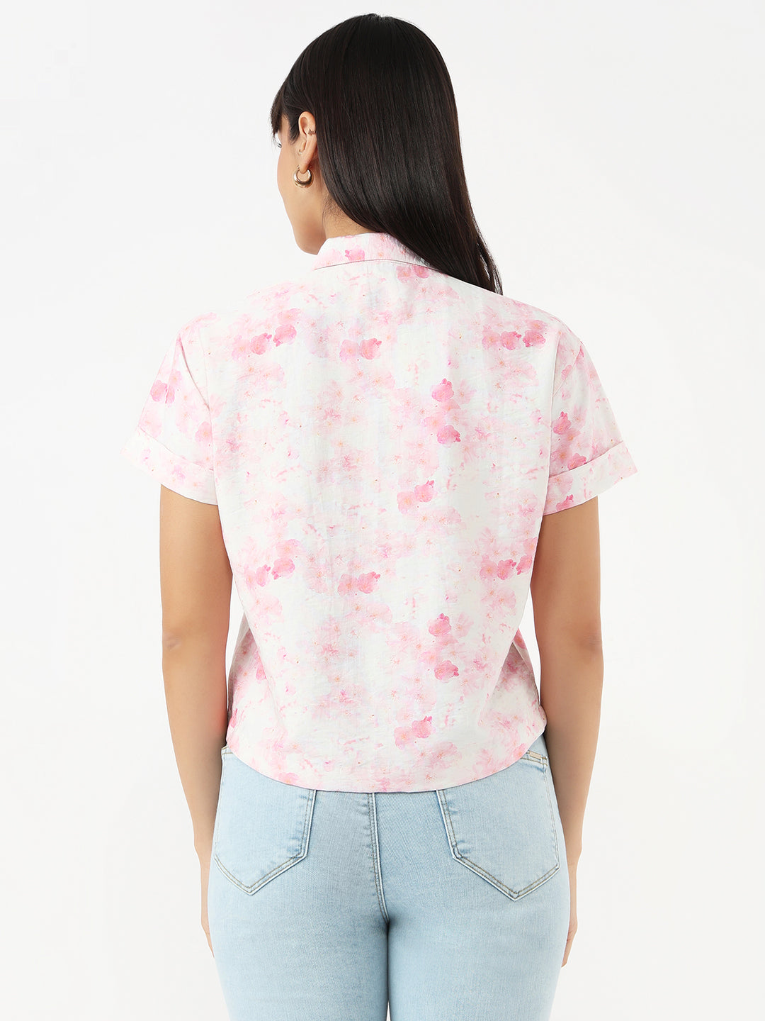 Women Pink Floral Crop Shirt