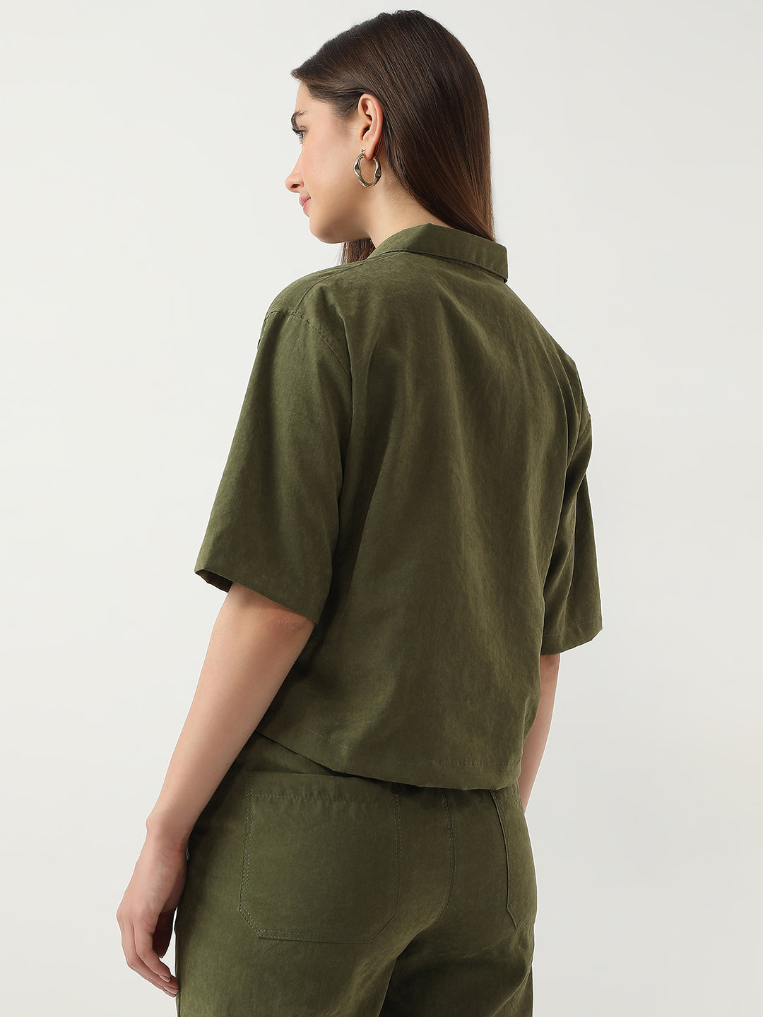 Women Olive Crop Shirt
